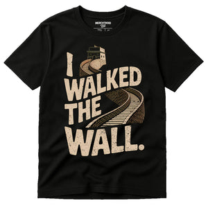 Black The Great Wall Of China Shirts - "I Walked the Wall." graphic tee with tan print, flat lay product photo