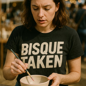 "Bisque Taken" black ceramic tee, photographed as gifts for ceramic lovers