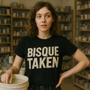 Lifestyle shot of the "Bisque Taken" black ceramic tee in a real-world setting