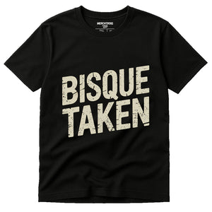 Black Ceramic Tee - "Bisque Taken" graphic tee with beige print, flat lay product photo