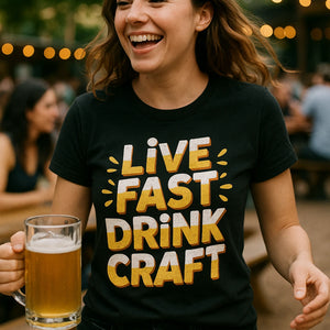 "Live Fast Drink Craft" black beer t shirt - also a beer lover gift ideas