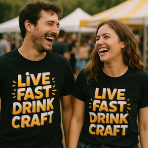 Person wearing the black beer t shirt graphic tee - "Live Fast Drink Craft" design