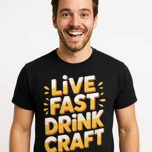 Close-up of the "Live Fast Drink Craft" gold print on a premium Bella+Canvas black beer t shirt