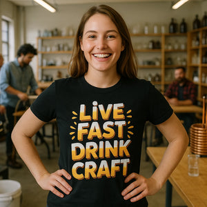 Lifestyle shot of the "Live Fast Drink Craft" black beer t shirt in a real-world setting