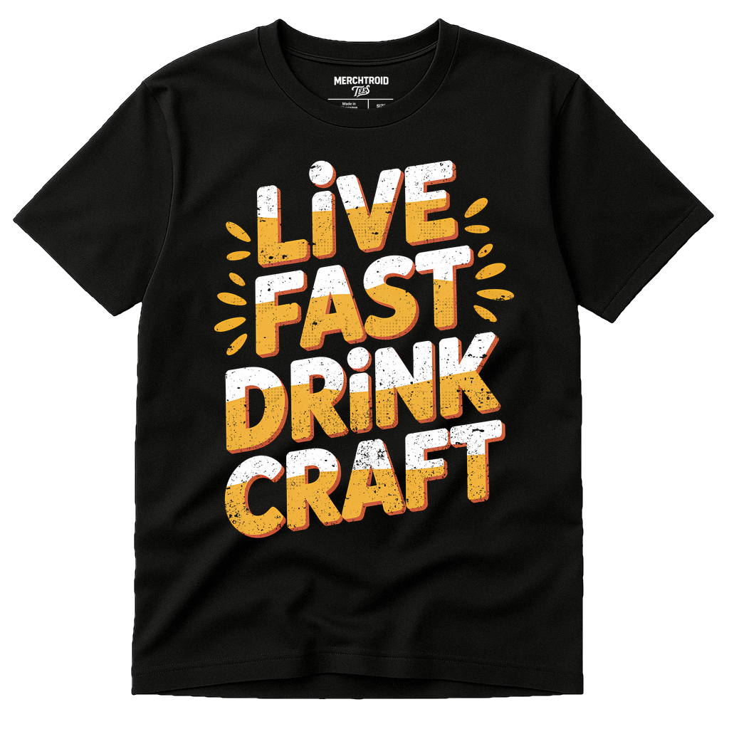 Black Beer T Shirt - "Live Fast Drink Craft" graphic tee with gold print, flat lay product photo