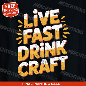 "Live Fast Drink Craft" black beer t shirt, photographed as presents for beer lovers