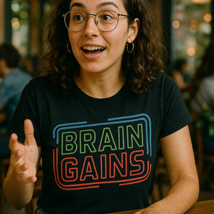 "Brain Gains" black studying t shirt - a birthday gift for studying lover
