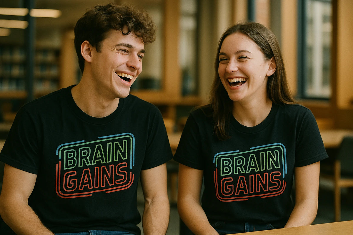 Person wearing the black studying t shirt graphic tee - "Brain Gains" design