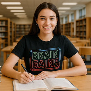 Lifestyle shot of the "Brain Gains" black studying t shirt in a real-world setting