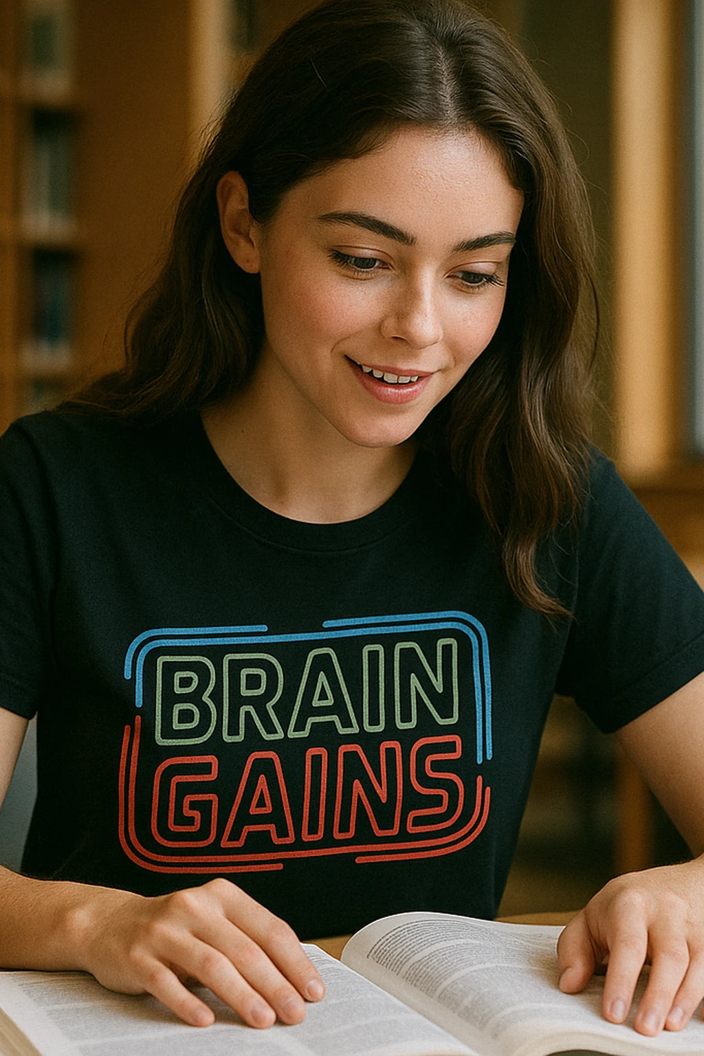 "Brain Gains" black studying t shirt, photographed as studying lover gift