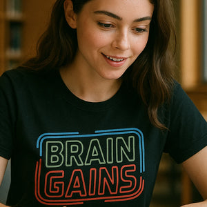 "Brain Gains" black studying t shirt, photographed as studying lover gift
