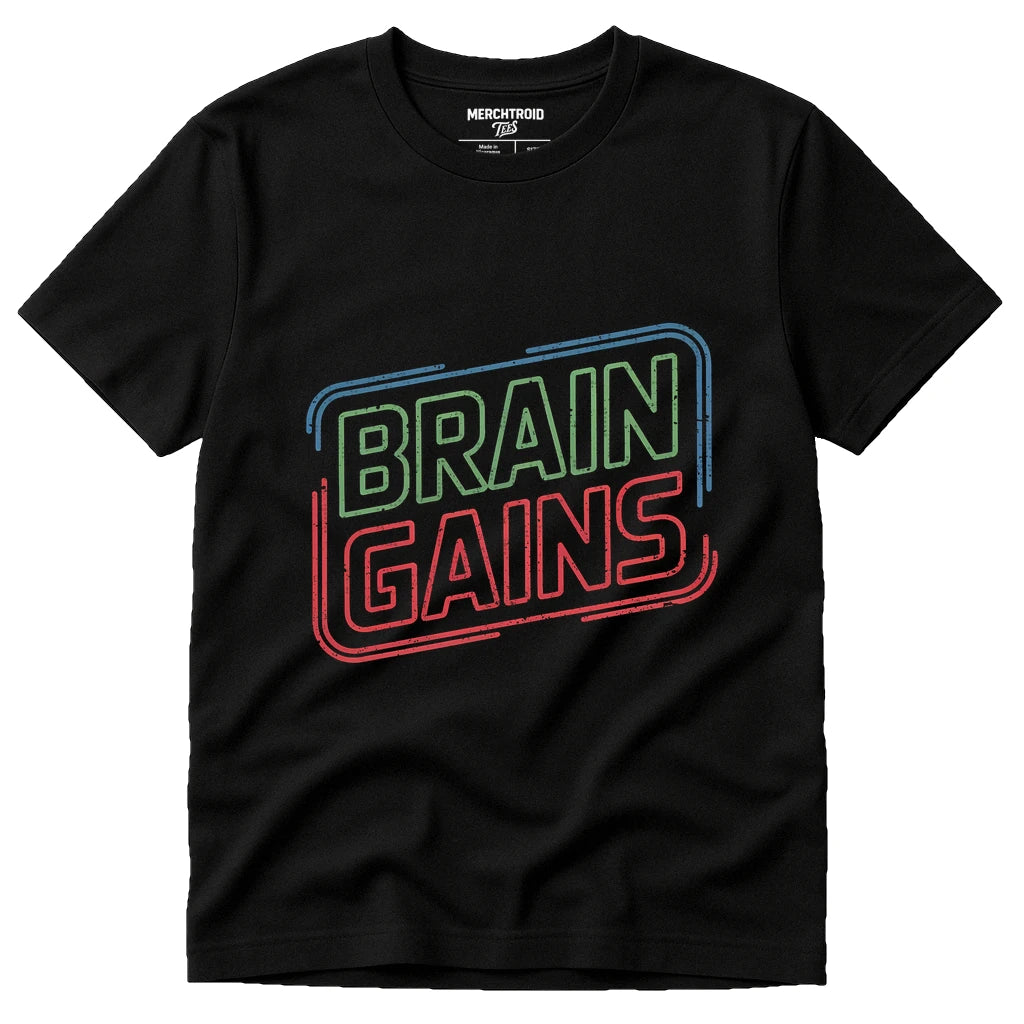 Black Studying T Shirt - "Brain Gains" graphic tee with gray print, flat lay product photo