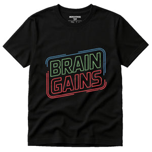 Black Studying T Shirt - "Brain Gains" graphic tee with gray print, flat lay product photo