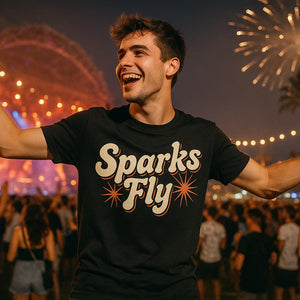 Lifestyle shot of the "Sparks Fly" black new years eve shirts for women in a real-world setting