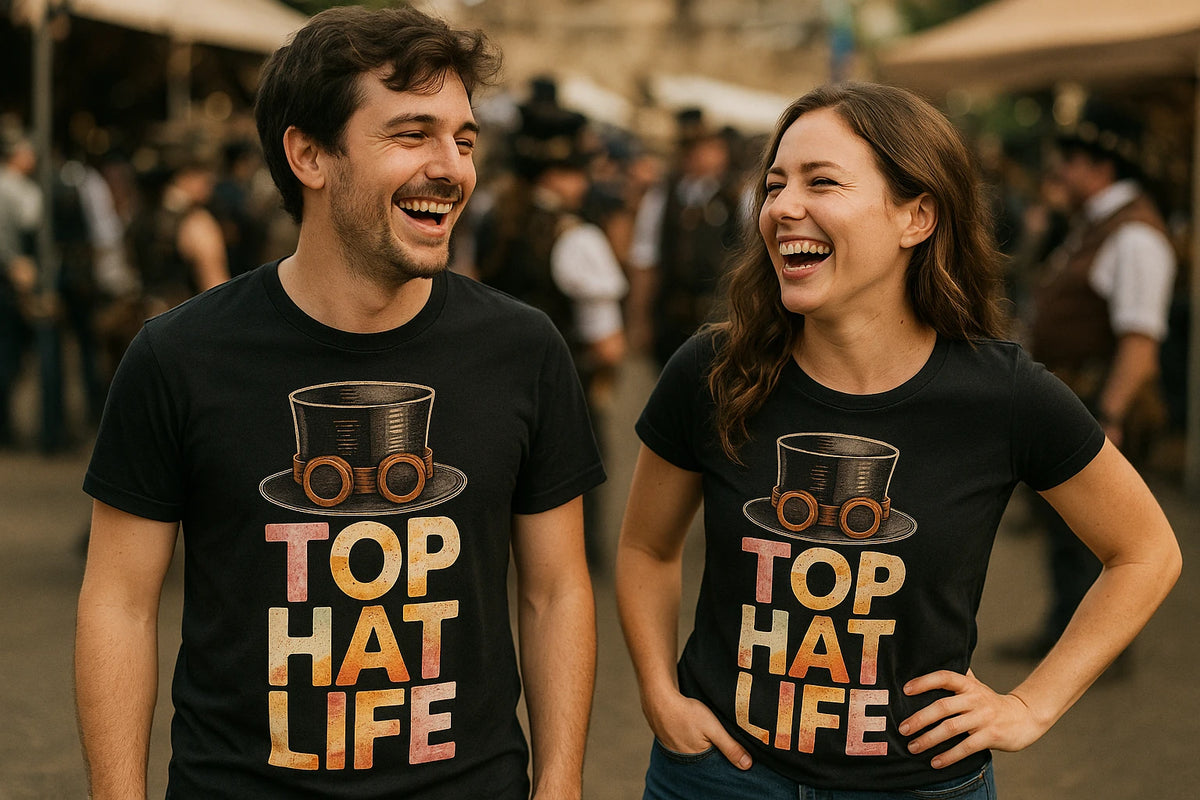 Person wearing the black steampunk shirts graphic tee - "Top Hat Life" design