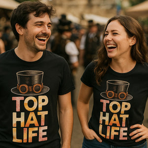Person wearing the black steampunk shirts graphic tee - "Top Hat Life" design