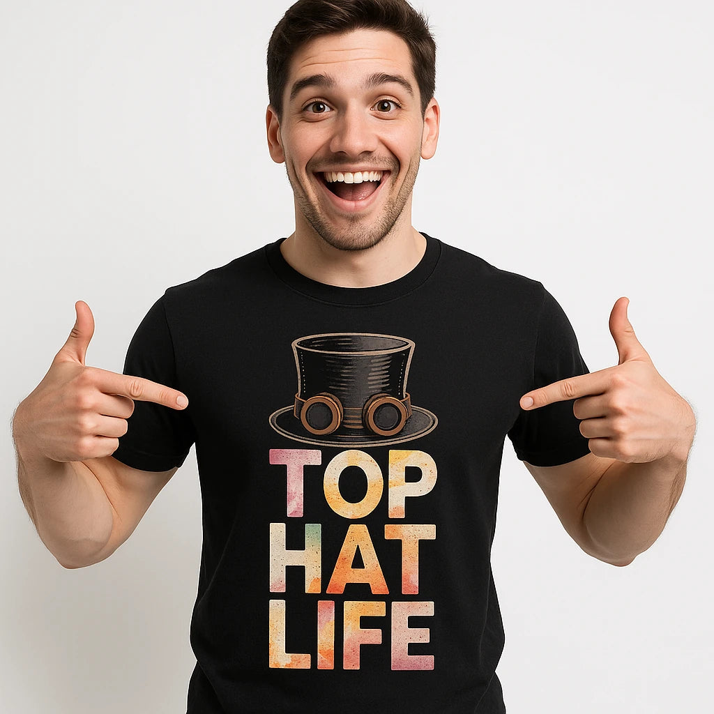 Close-up of the "Top Hat Life" beige print on a premium Bella+Canvas black steampunk shirts