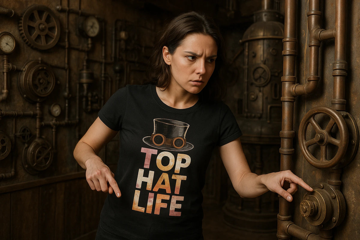 Lifestyle shot of the "Top Hat Life" black steampunk shirts in a real-world setting