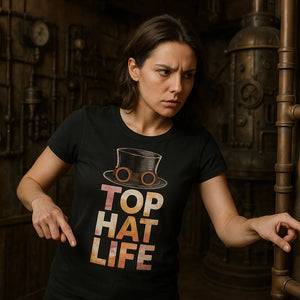 Lifestyle shot of the "Top Hat Life" black steampunk shirts in a real-world setting
