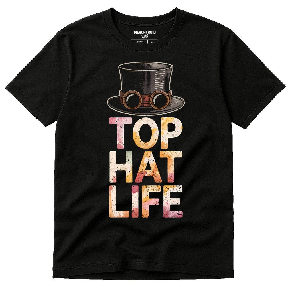 Black Steampunk Shirts - "Top Hat Life" graphic tee with beige print, flat lay product photo