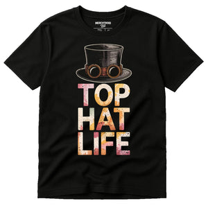 Black Steampunk Shirts - "Top Hat Life" graphic tee with beige print, flat lay product photo