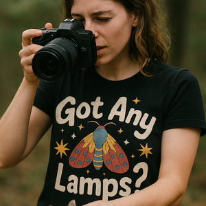 "Got Any Lamps" black moth t shirt, photographed as gifts for moth lovers