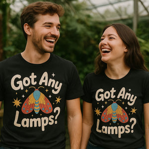 Person wearing the black moth t shirt graphic tee - "Got Any Lamps" design