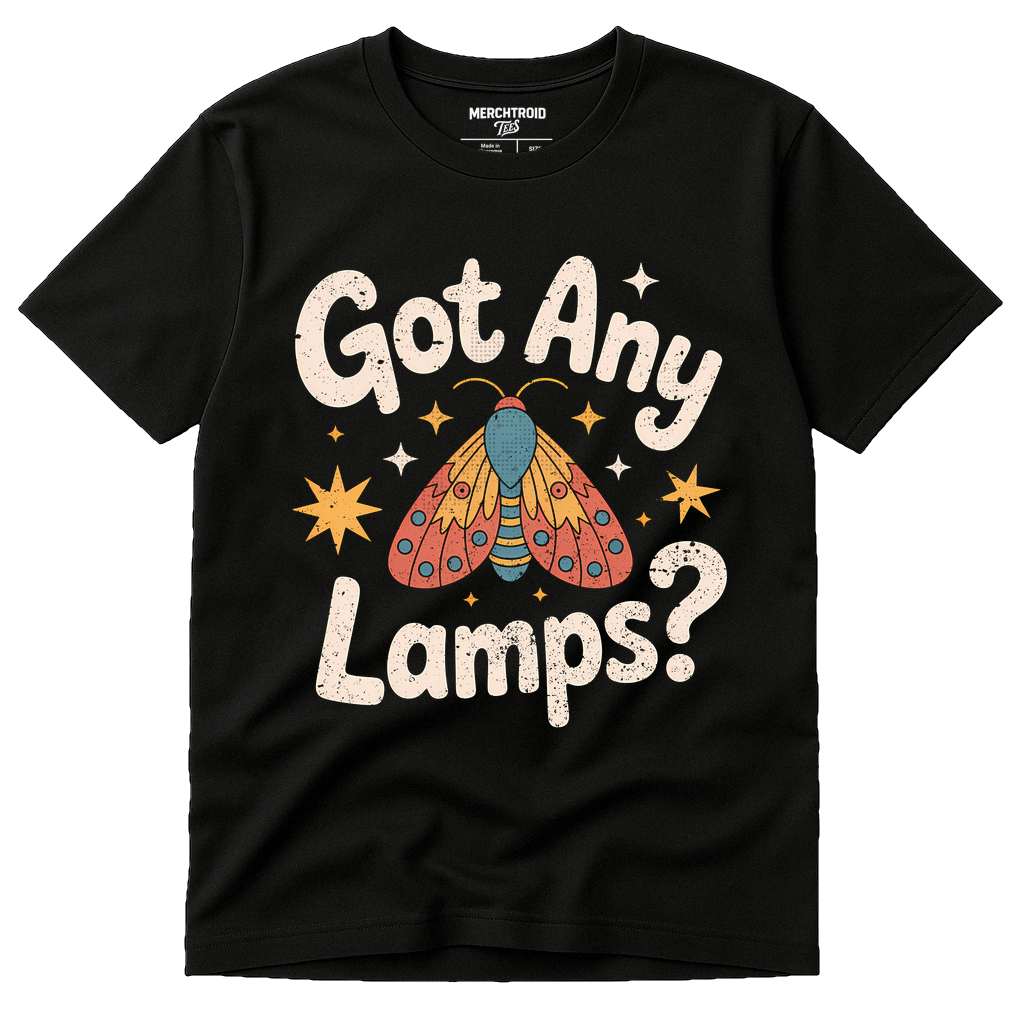Black Moth T Shirt - "Got Any Lamps" graphic tee with cream print, flat lay product photo