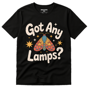 Black Moth T Shirt - "Got Any Lamps" graphic tee with cream print, flat lay product photo