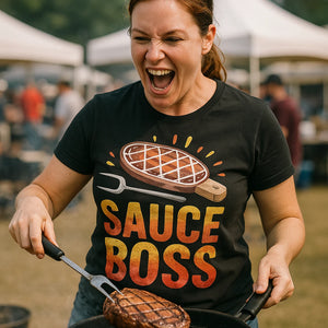 "Sauce Boss" black t shirt bbq - also one of the gifts for someone who likes to bbq