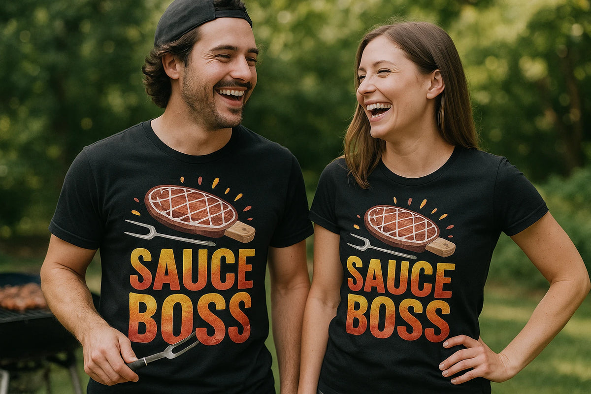Person wearing the black t shirt bbq graphic tee - "Sauce Boss" design