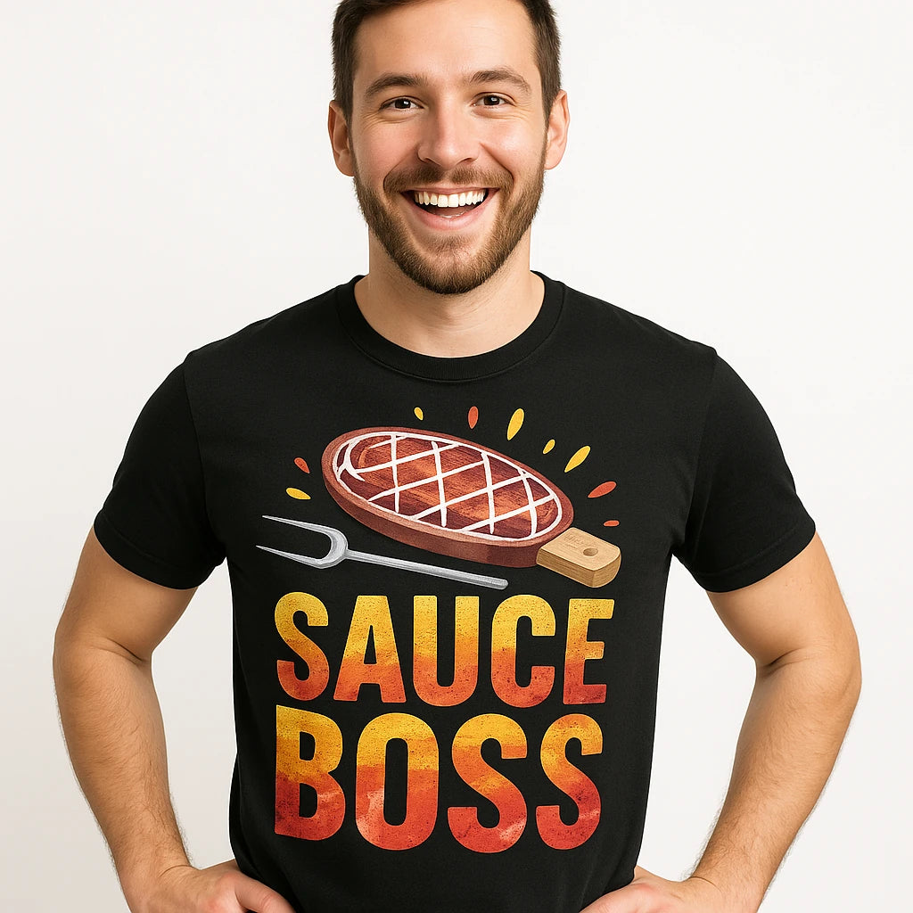 Close-up of the "Sauce Boss" red print on a premium Bella+Canvas black t shirt bbq