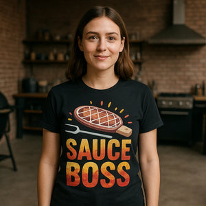 Lifestyle shot of the "Sauce Boss" black t shirt bbq in a real-world setting