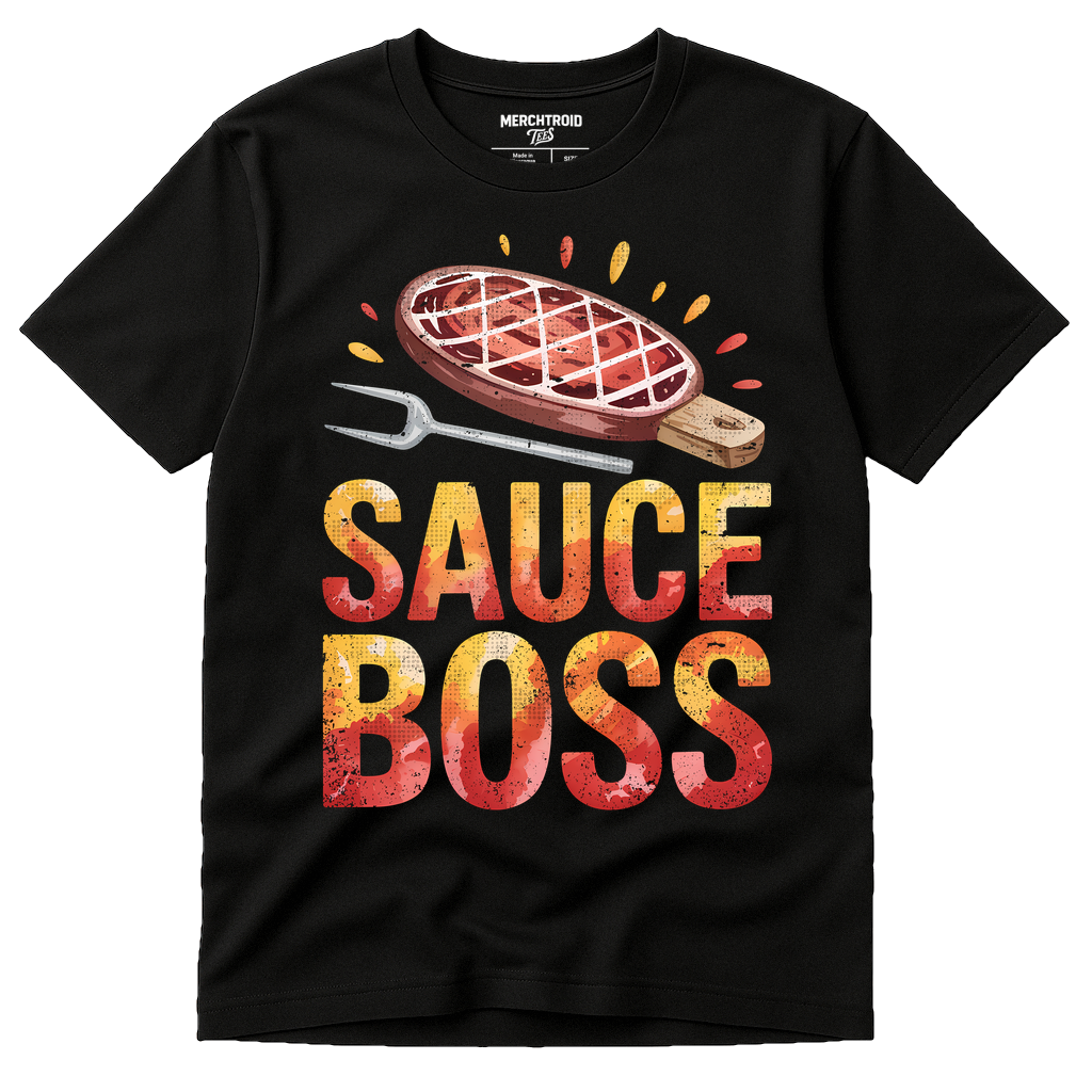 Black T Shirt Bbq - "Sauce Boss" graphic tee with red print, flat lay product photo