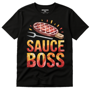 Black T Shirt Bbq - "Sauce Boss" graphic tee with red print, flat lay product photo