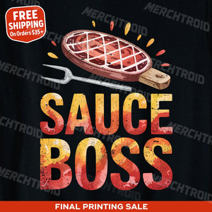 "Sauce Boss" black t shirt bbq, photographed as gifts for bbq enthusiasts