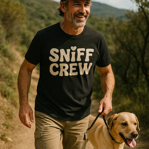 "Sniff Crew" black funny t shirts for dog lovers, photographed as dog lovers lover gift