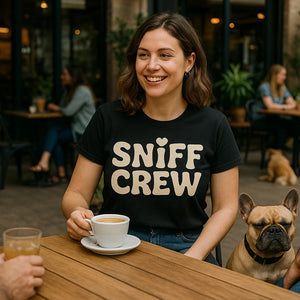 Lifestyle shot of the "Sniff Crew" black funny t shirts for dog lovers in a real-world setting
