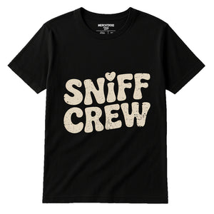 Black Funny T Shirts For Dog Lovers - "Sniff Crew" graphic tee with beige print, flat lay product photo