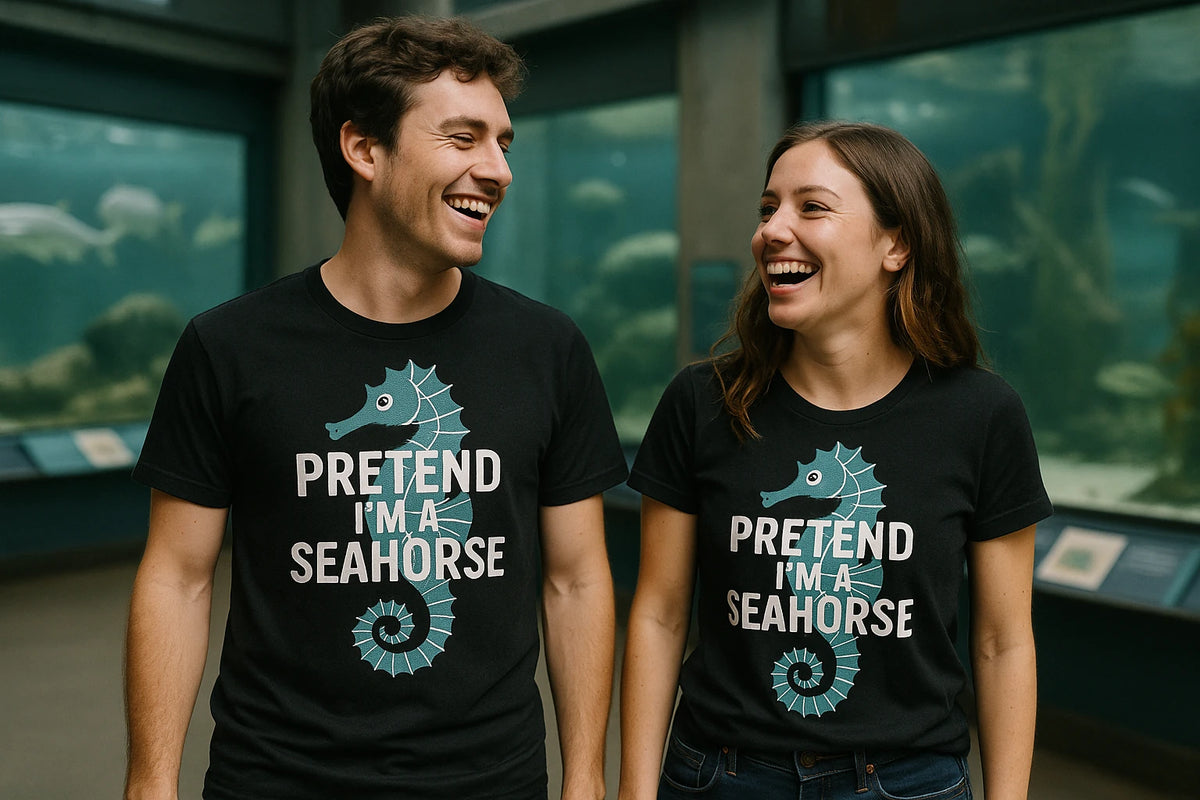 Person wearing the black seahorse shirts graphic tee - "Pretend I'M a Seahorse" design
