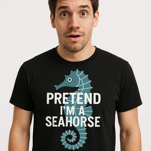 Close-up of the "Pretend I'M a Seahorse" teal print on a premium Bella+Canvas black seahorse shirts