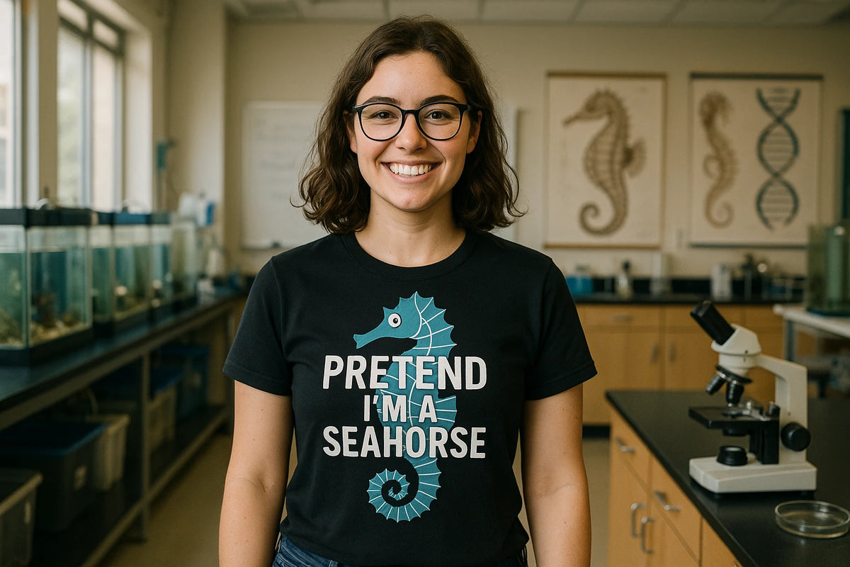 Lifestyle shot of the "Pretend I'M a Seahorse" black seahorse shirts in a real-world setting