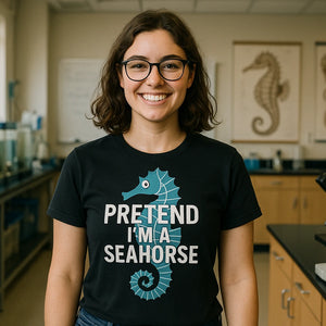 Lifestyle shot of the "Pretend I'M a Seahorse" black seahorse shirts in a real-world setting