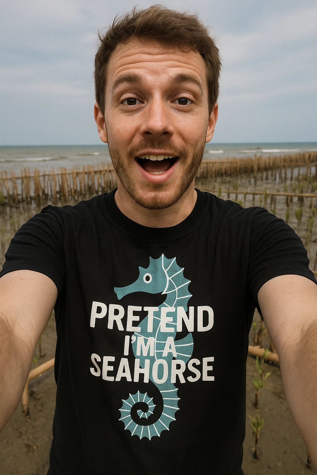 "Pretend I'M a Seahorse" black seahorse shirts, photographed as seahorse lover gift