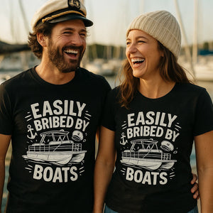 Person wearing the black custom boat shirts graphic tee - "Easily Bribed By Boats" design