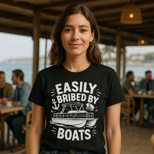 Lifestyle shot of the "Easily Bribed By Boats" black custom boat shirts in a real-world setting