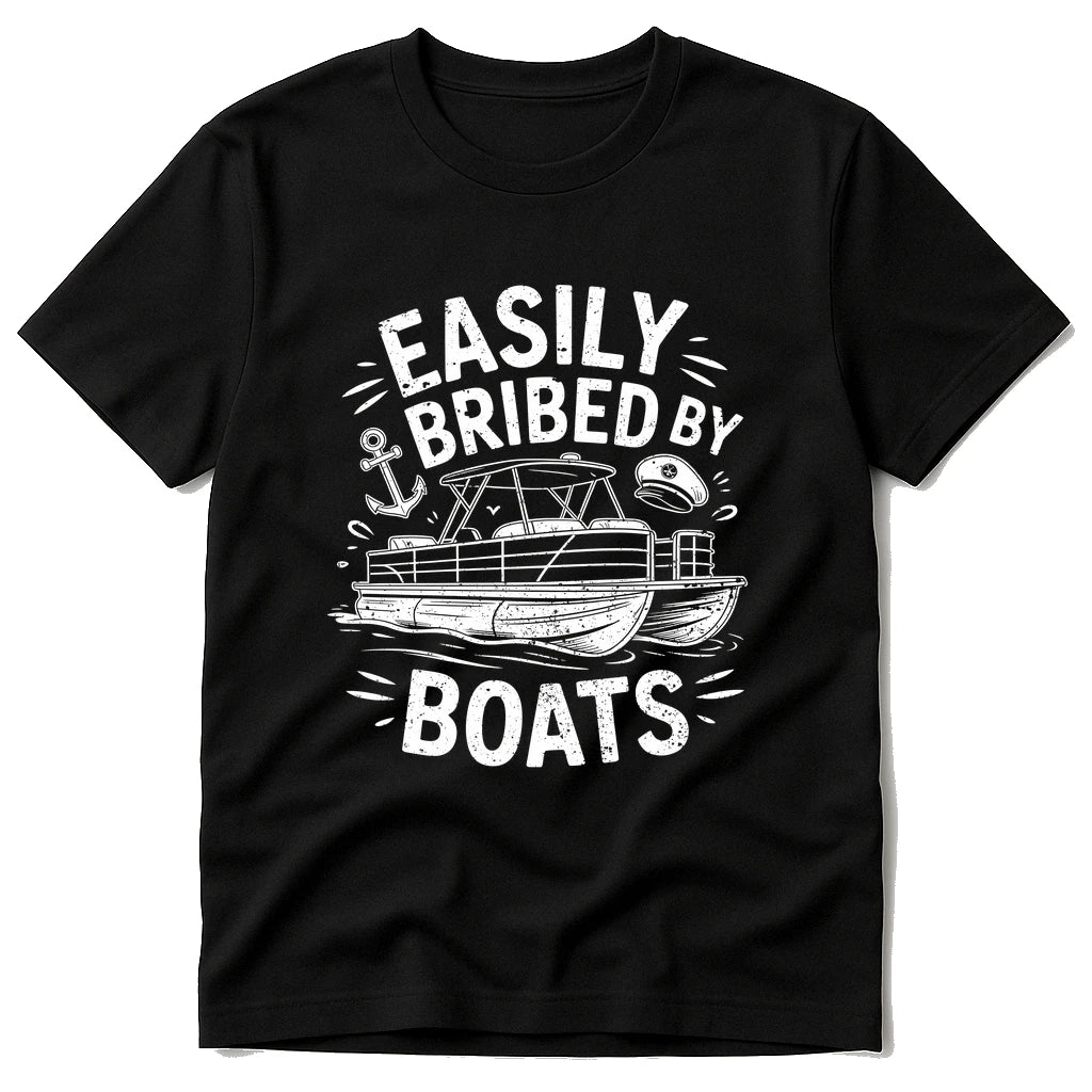 Black Custom Boat Shirts - "Easily Bribed By Boats" graphic tee with white print, flat lay product photo