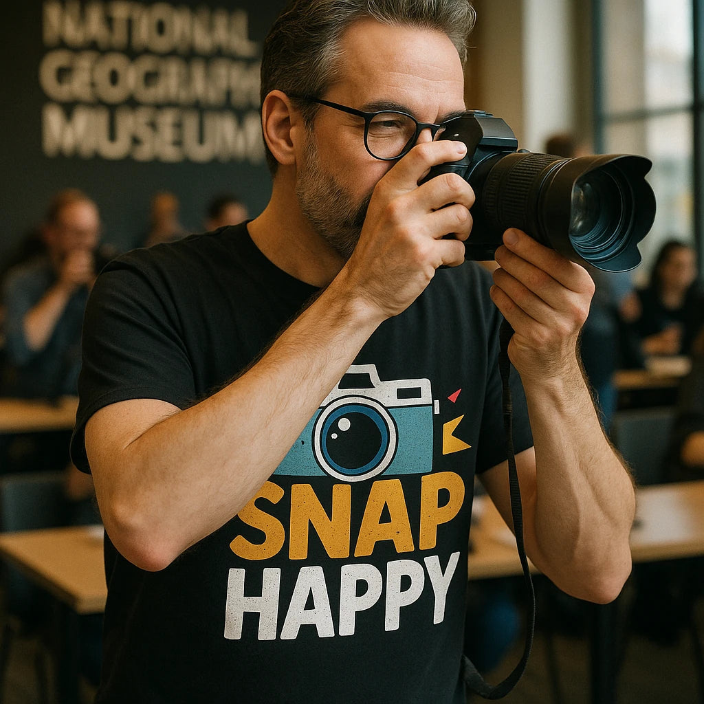 A person with glasses is holding a camera up to their face as if taking a photo. They are wearing a black t-shirt with a colorful design of a camera and the words "SNAP HAPPY." In the background, there is a blurred sign that appears to be part of a museum setting, with tables and people seated. The setting is indoors, well-lit, and has an informal, creative atmosphere.
