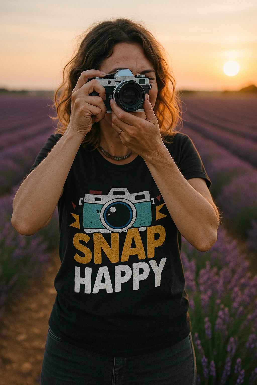 A person with curly hair is holding a camera up to their face, taking a picture in a field of lavender at sunset. They are wearing a black t-shirt with a colorful camera graphic and the words "SNAP HAPPY". The sun is setting on the horizon, casting a warm glow over the scene.