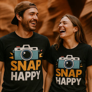 Person wearing the black photographers shirts graphic tee - "Snap Happy" design